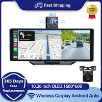 Universal 10.26"" Coche Inteligente 4K 360 ° Rotatio Car DVR Dash Cam inalámbrico CarPlay y Android Auto Bluetooth WIFI marcha atrás trasera