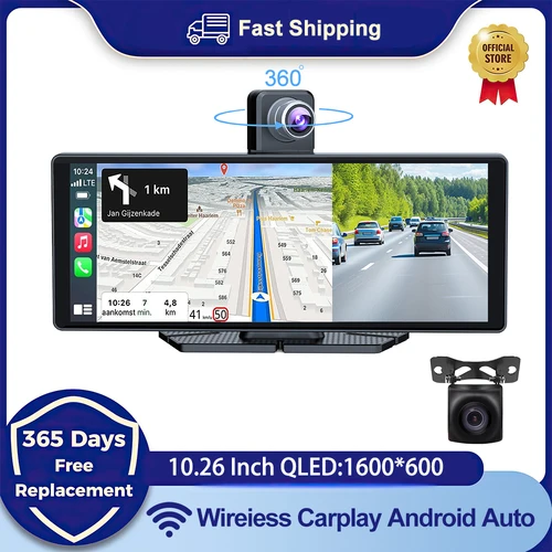 Universal 10.26"" Coche Inteligente 4K 360 ° Rotatio Car DVR Dash Cam inalámbrico CarPlay y Android Auto Bluetooth WIFI marcha atrás trasera