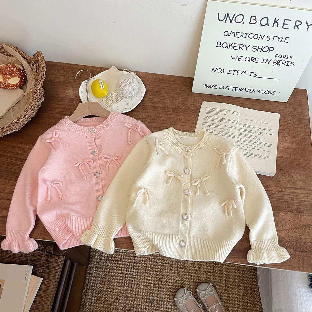 Childrens Clothing 2025 Autumn and Winter New Item Girls Bow Knit Cardigan Sweater Jacket Cute Baby Sweet Top Fashion