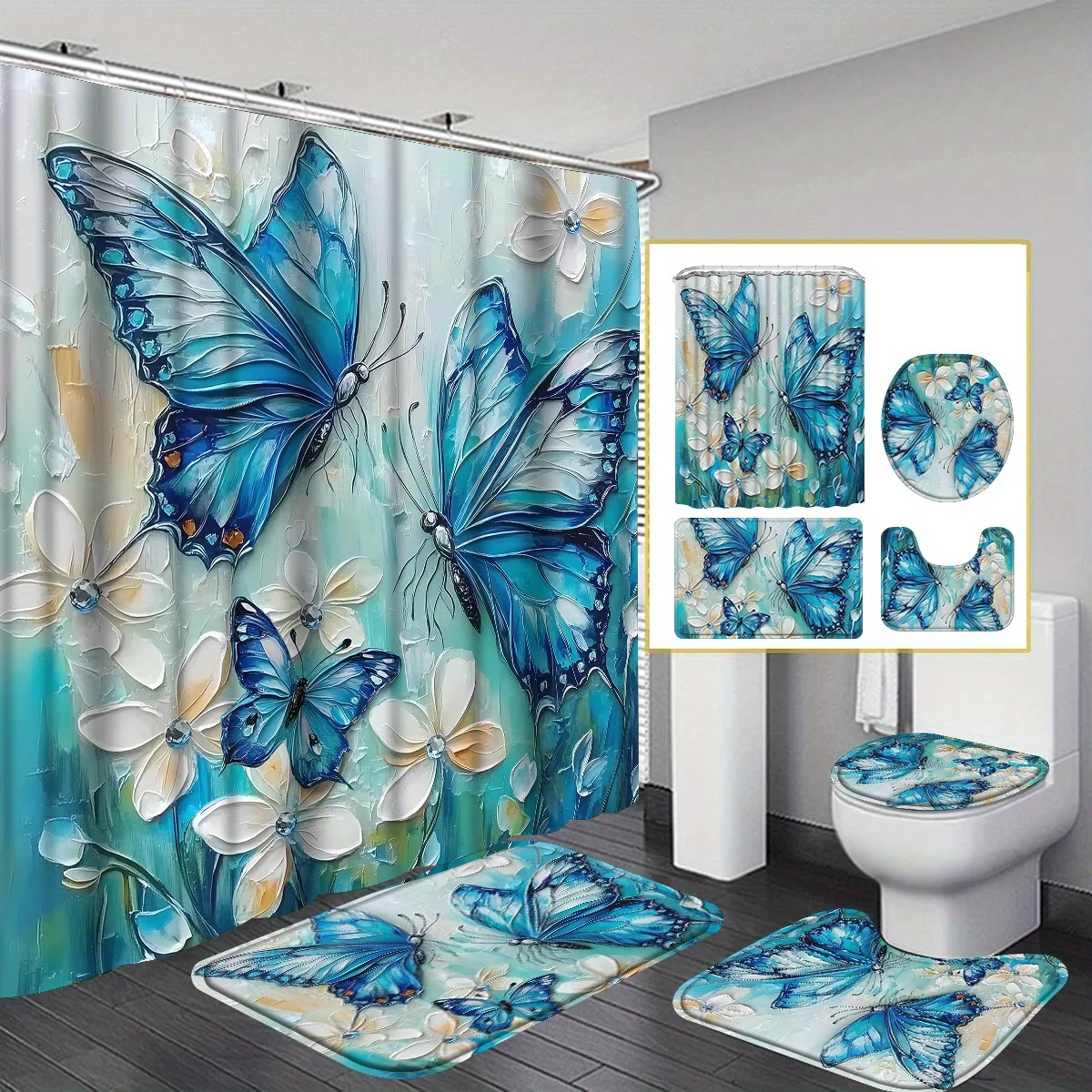 

4pcs Green Blue Butterfly Shower Curtain Set with Non-Slip Rugs, White Flowers Oil Painting Boho Bathroom Set, Waterproof Shower