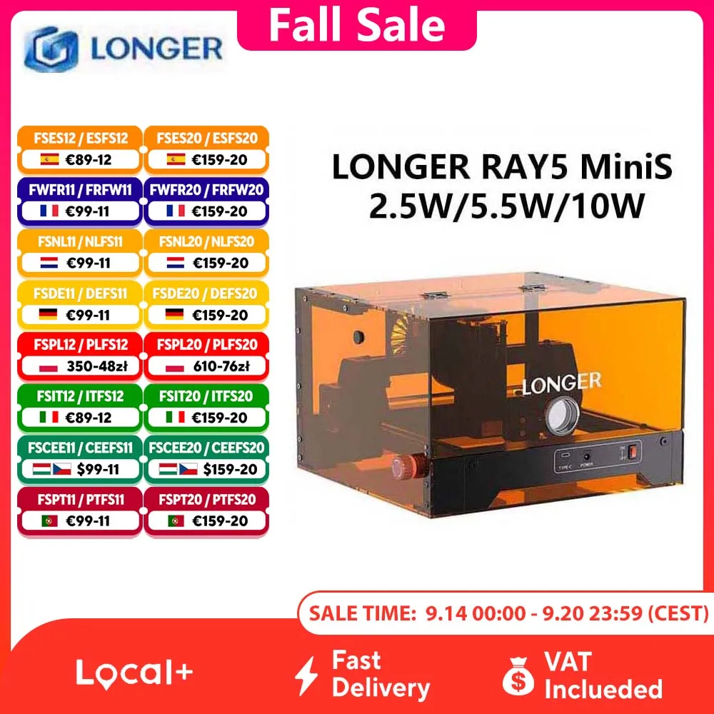 Graveur laser LONGER RAY5 MiniS 2,5W/3,5W/5,5W/10W, laser à diode unique avec prise en charge FAC, contrôle USB/WiFi/application, zone de travail 130*
