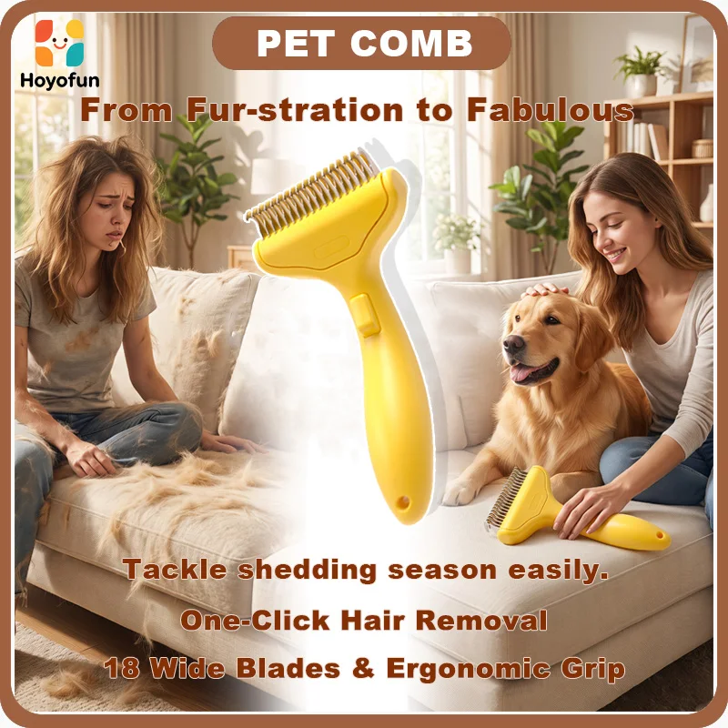 Pet Deshedding Comb 18 Wide Blades One Click Hair Removal Ergonomic Grooming Tool with Detachable Head for Dogs Cats