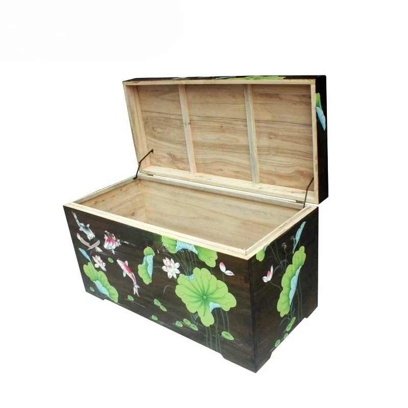 Chinese painted solid wood camphor wooden box bedside table side table storage cabinet calligraphy and painting suitcase