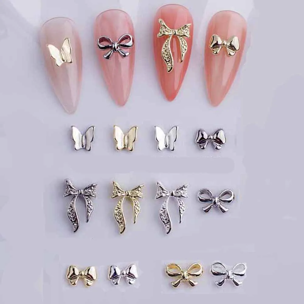 

10Pcs Ribbon Bow Nail Diamond Charms 3D Shiny Gold/ Silver Alloy Bowknot Jewellery Nail Art Decoration DIY Bow Nail Accessories