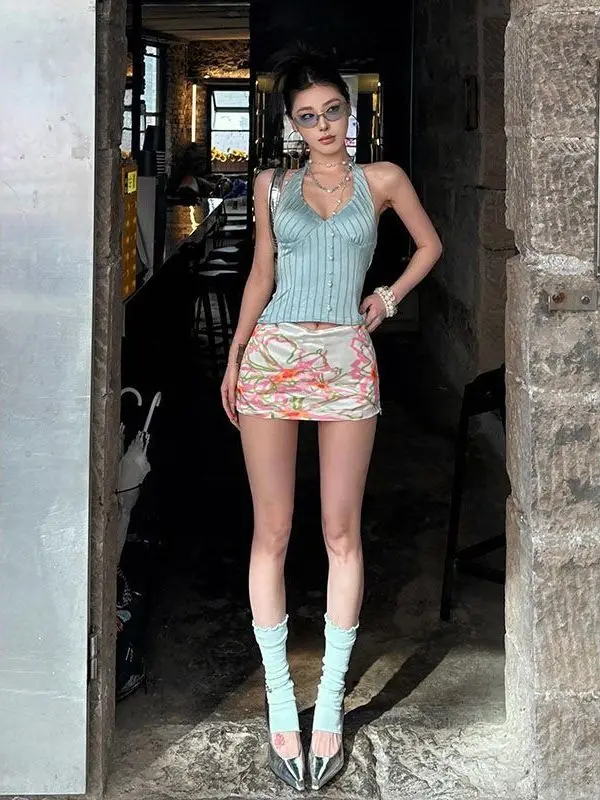 

American Stripe V-Neck Hanging Neck Vest Women Summer High Quality Sexy Fashionable Top Trendy Outfit Set High Waist Pants