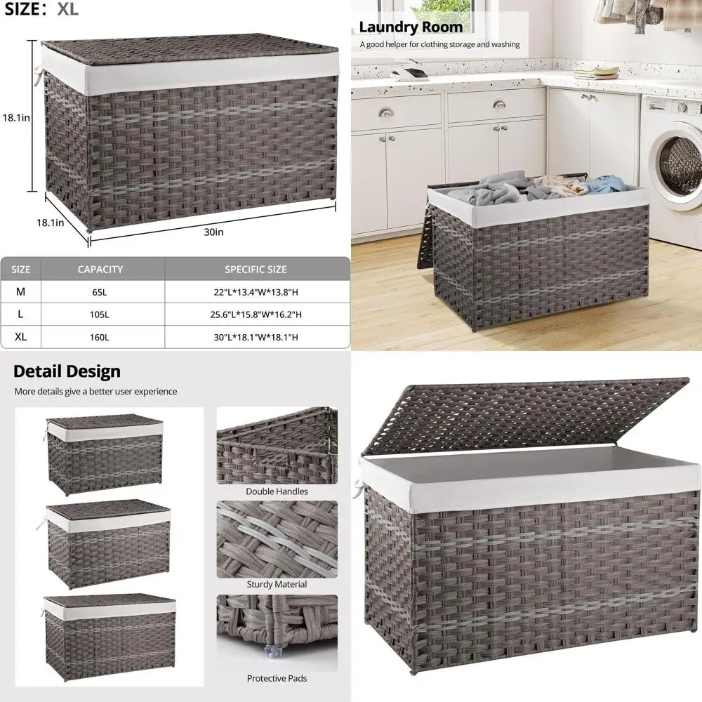 

Корзина для хранения из синтетического ротанга, серая, 42,3 галлона, со съемным вкладышем и крышкой, для гостиной