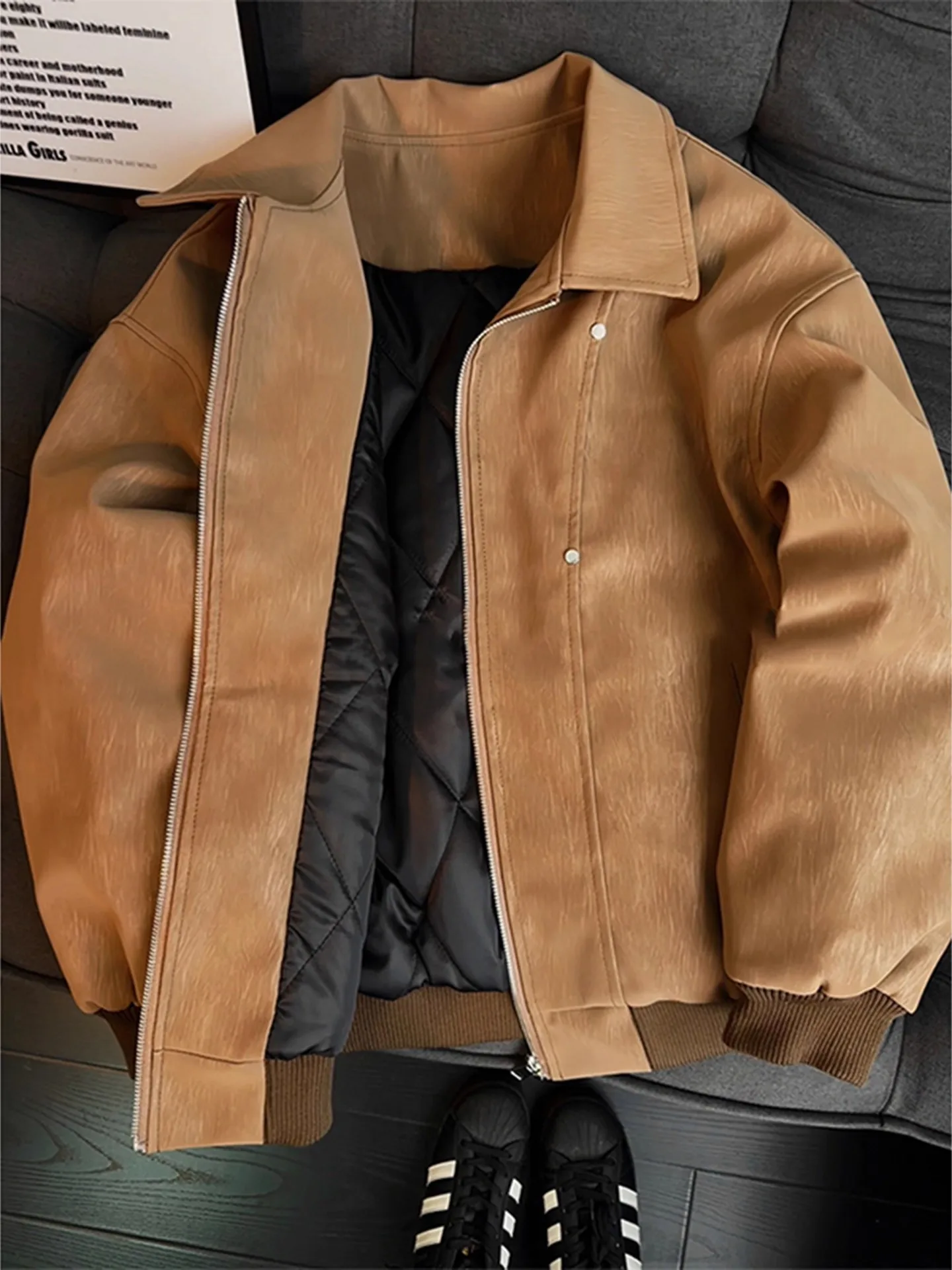 

Cé Brown PU Deconstructed Rivet Jaet Cotton Winter Thiened American Trendy Brand oulder Cotton Coat for Men