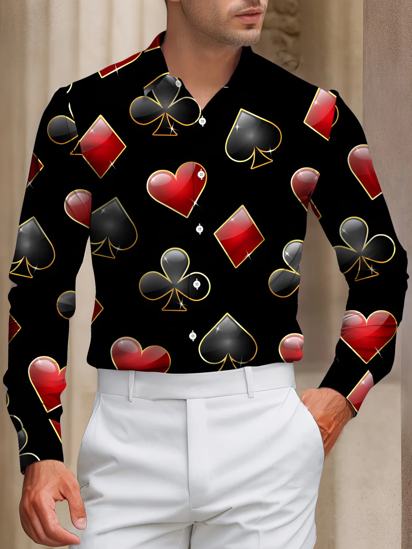 Nightclub Style Men Lapel Collar Shirt Black Base Heart Spade Club Diamond Print Polyester Long-Sleeve Blouse