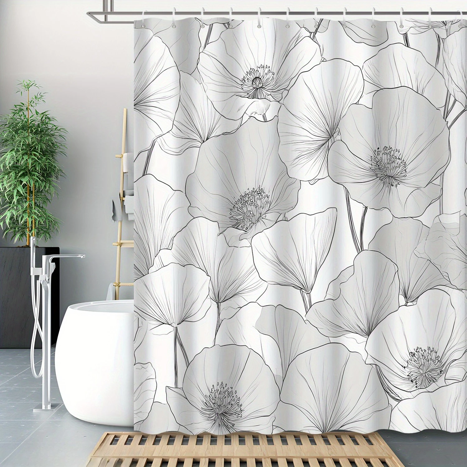 

1pc Black and white floral striped shower curtain, polyester fabric, with 12 hooks, shower curtain, bathroom accessories.