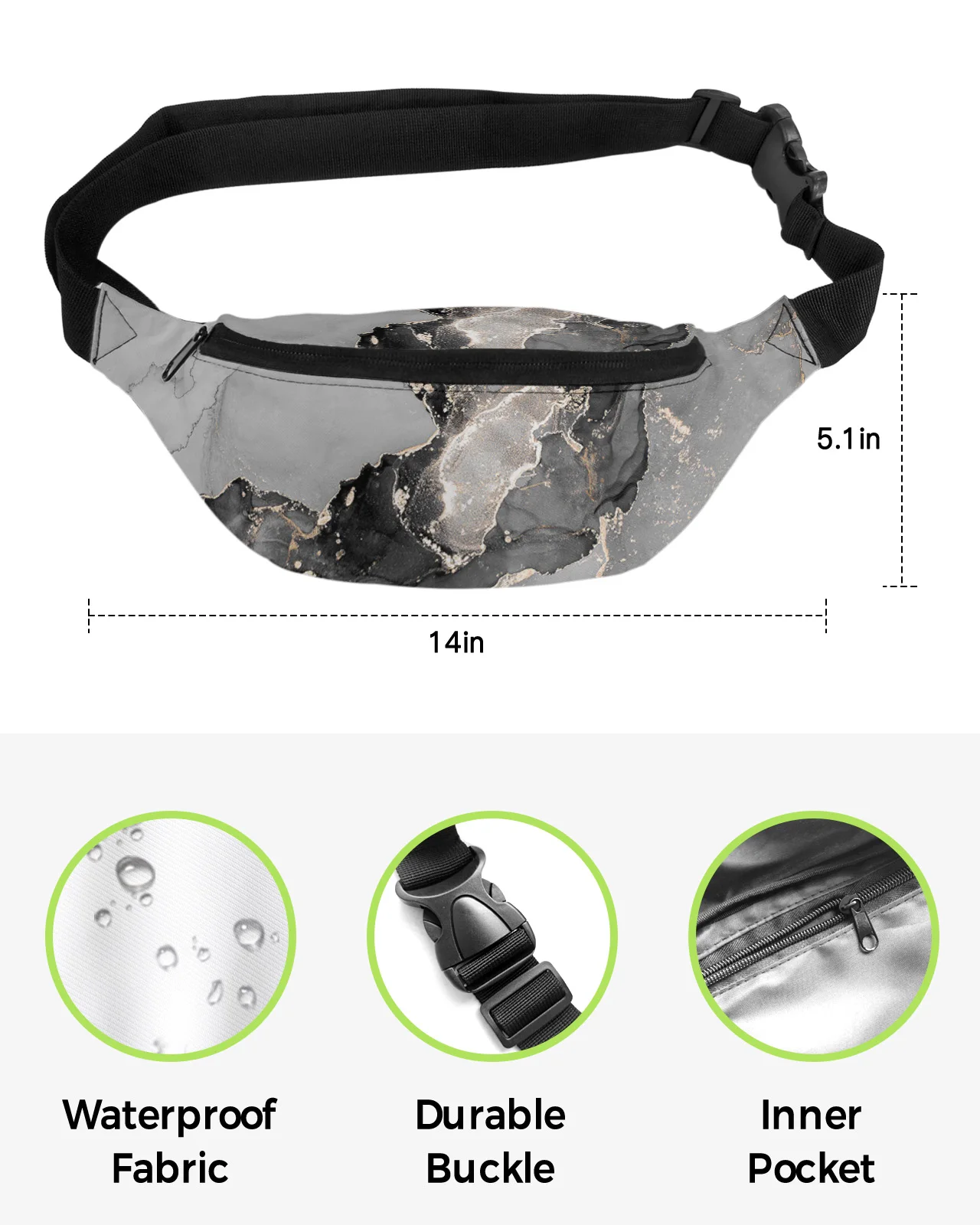 Marble Texture Black Waist Bag Women Men Belt Bags Large Capacity Waist Pack Unisex Crossbody Chest Bag