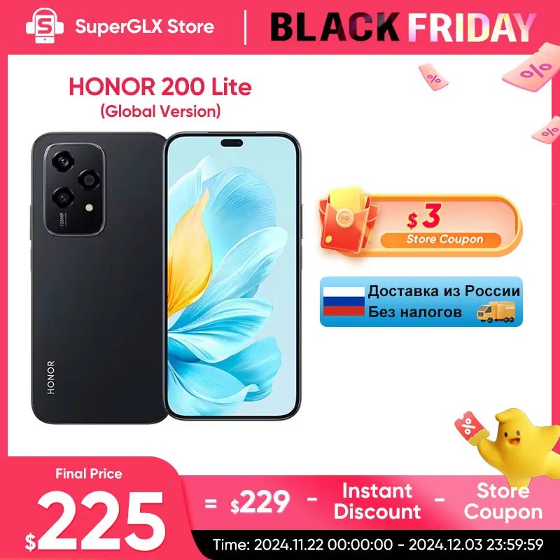 2024 Global Version HONOR 200 Lite 256GB ROM 5G Smartphone Mediatek Dimensity 6080 6.7'' 90Hz AMOLED Display 108MP Main Camera