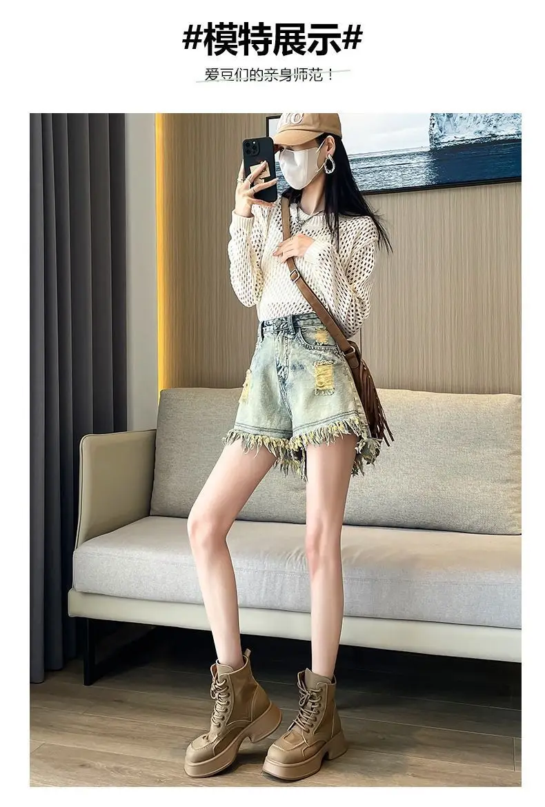 여성용 뉴 레트로 하이웨이스트 찢어진 데님 반바지