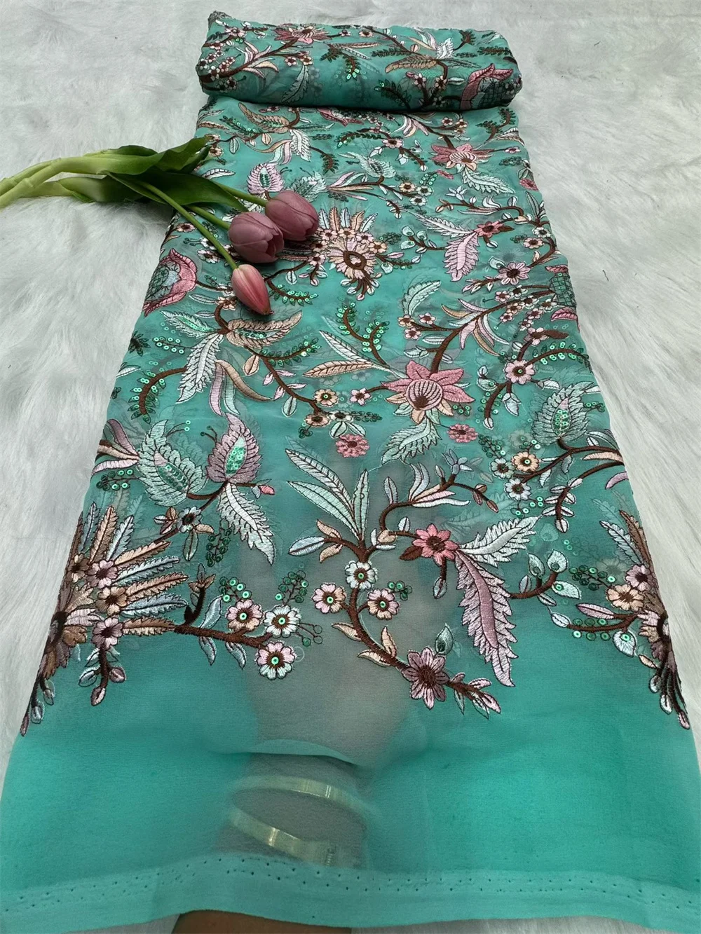 

High Quality Chiffon Lace Fabric Embroidered With Sequins 5 Yards African Style for Dresses Dubai 2025 Trendy Hm83-1