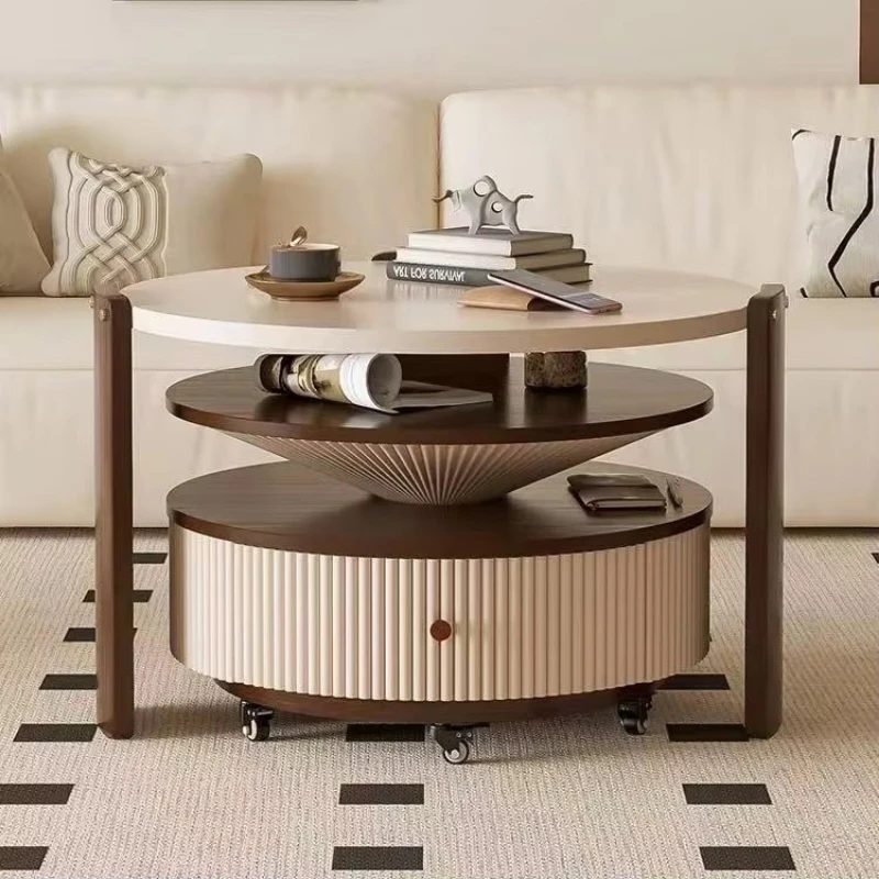 Medieval style rotating coffee table set with grooved base and wheels