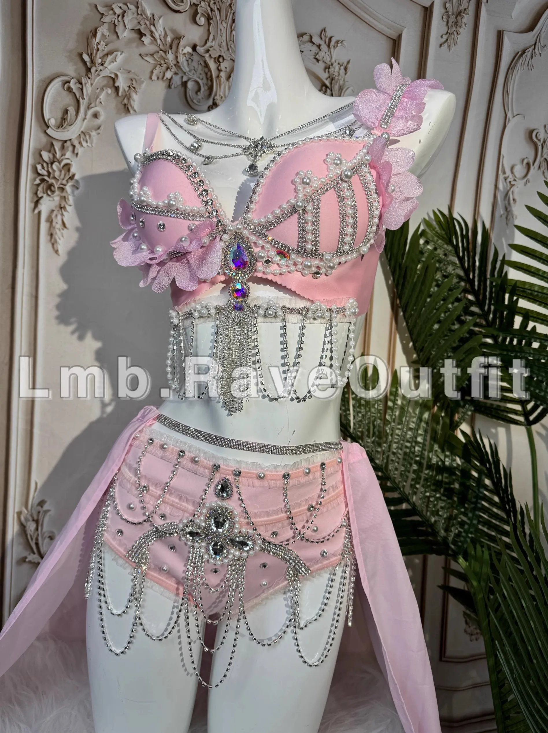 Pink Flower Sparkling Diamond Pearl Tassel Bikini Nightclub Bar Singer Dance Stage Electric Syllable Party Prom Drag Queen Wear