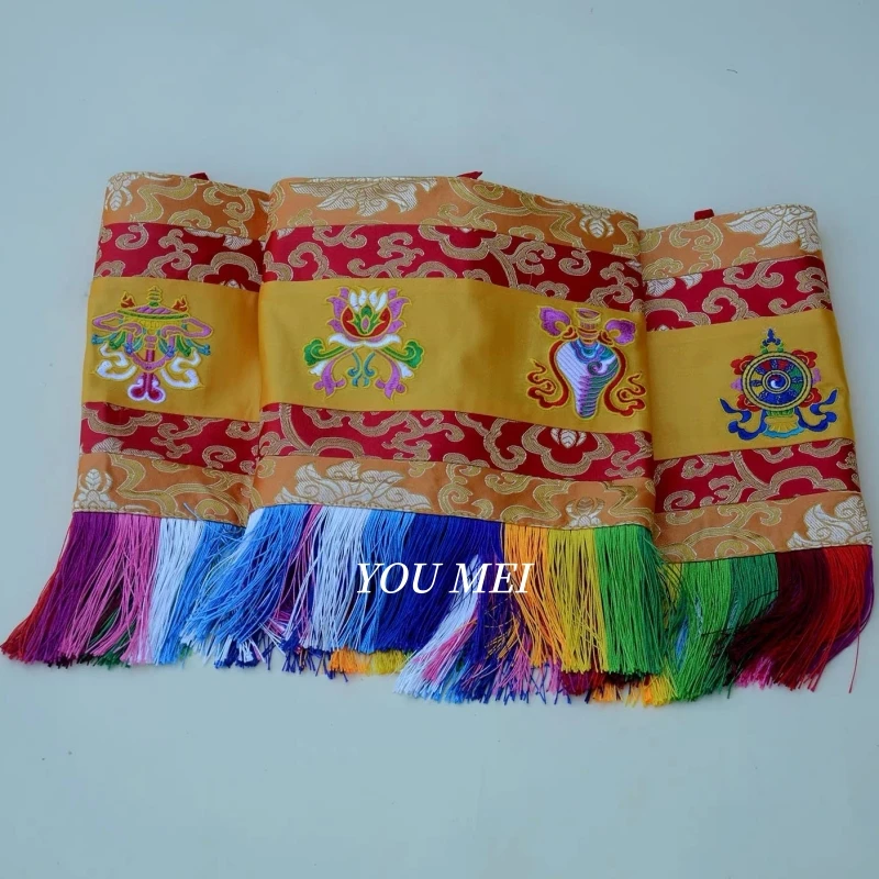Tibetan-Style Curtains,1m Multicolored Embroidered Flower Eight Auspicious Pattern Hanging Banner Buddhist Altar Prayer Flag