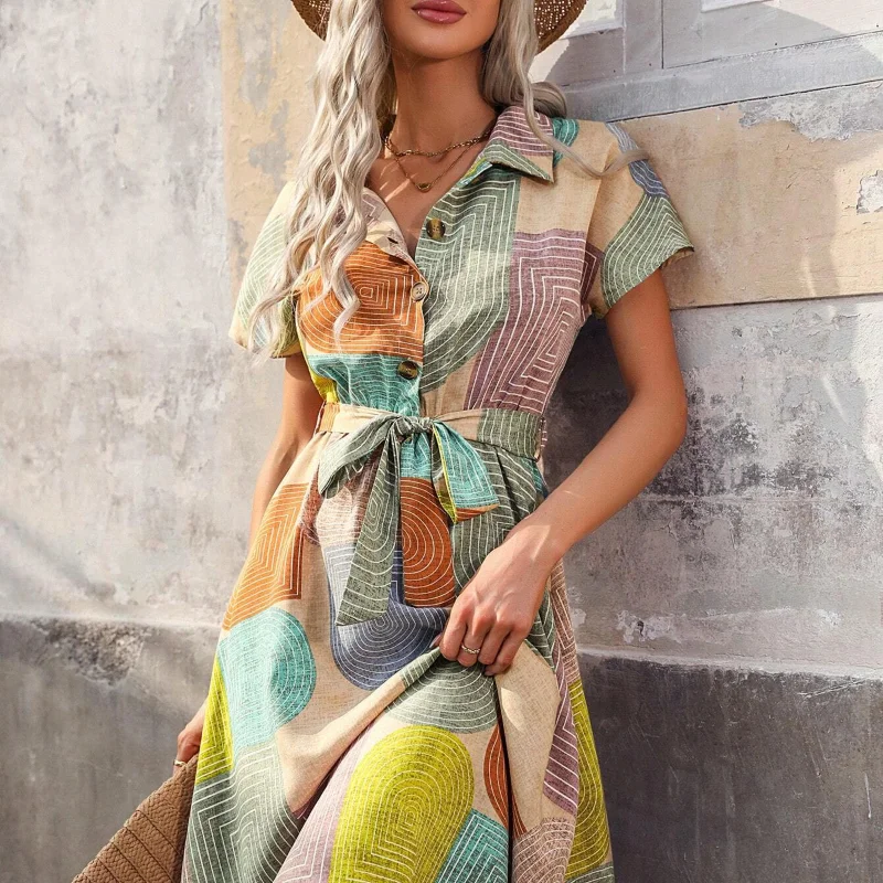여성용 신상 반팔 원피스 프린트 턴다운 칼라 여성 드레스 레이스업 A라인 드레스 여성 여름 원피스 Q264