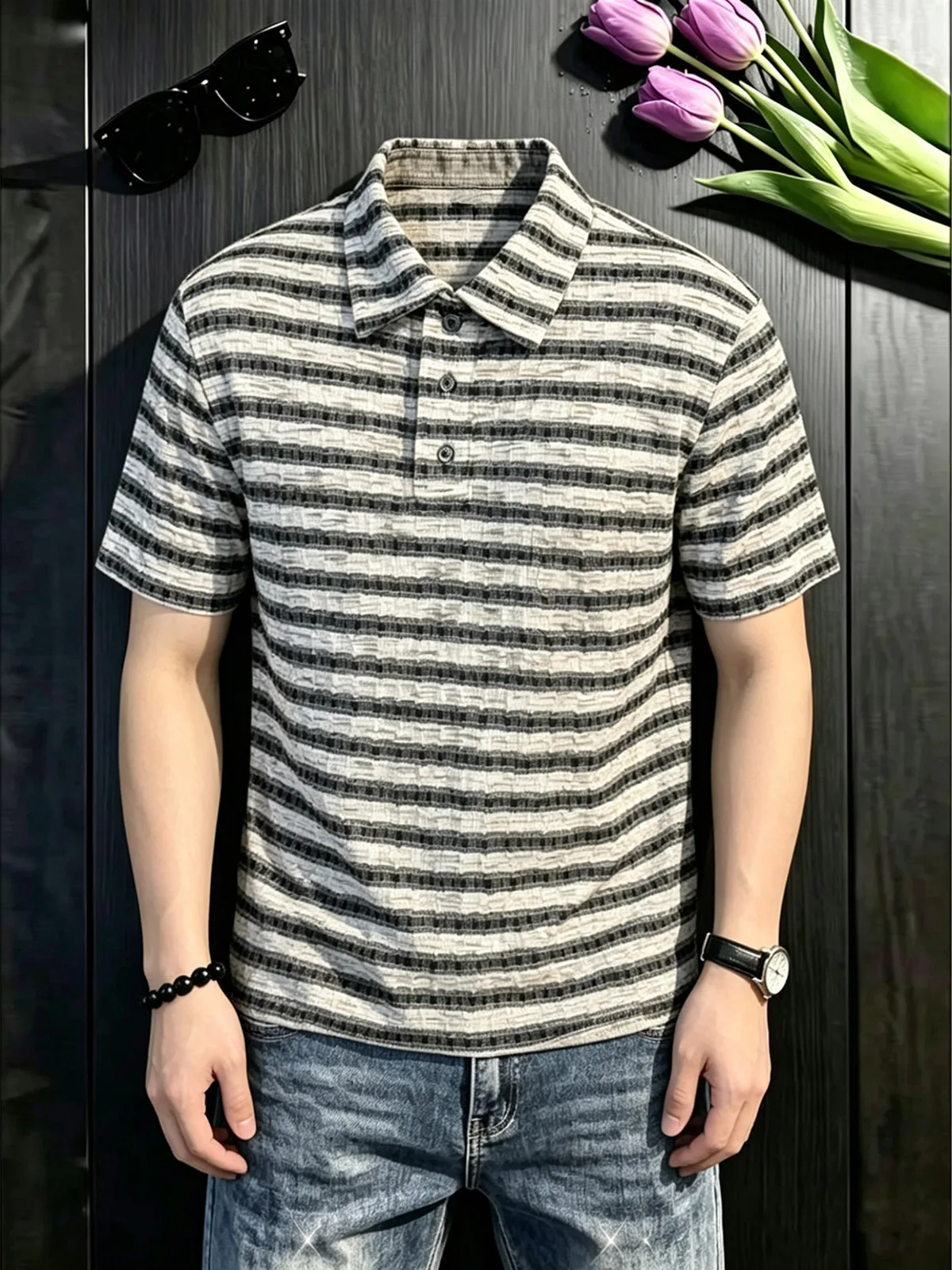 Classic Knitted Stripe Short Sleeve  Shirt Men's Summer Lightweight Comfortable Breathable High-End Feeling Shoulder T-Shirt