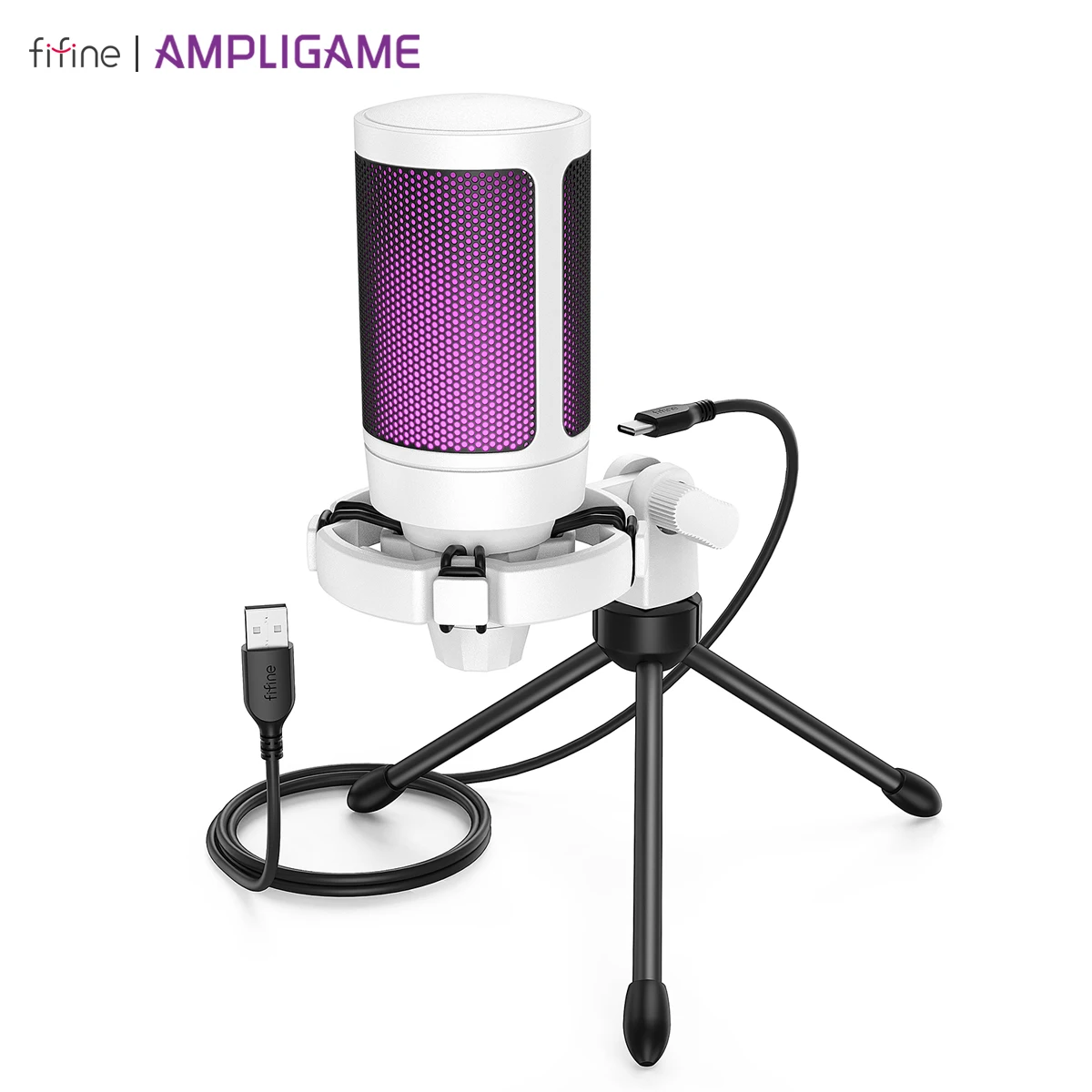 AmpliGame USB Gaming Microphone with Quick Mute,RGB Condenser Mic with Tripod for PC,PS5,Laptop Streaming Podcasting -A2W White