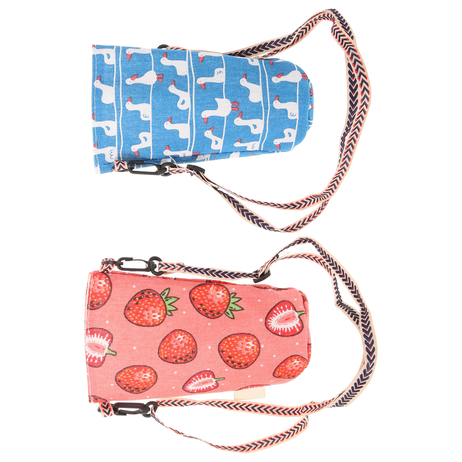 

2Pcs Water Bottle Tote Bags Blue Duck Strawberry Print Portable Canvas Carriers H held Straps Adjustable Pouches Outdoor Kitchen