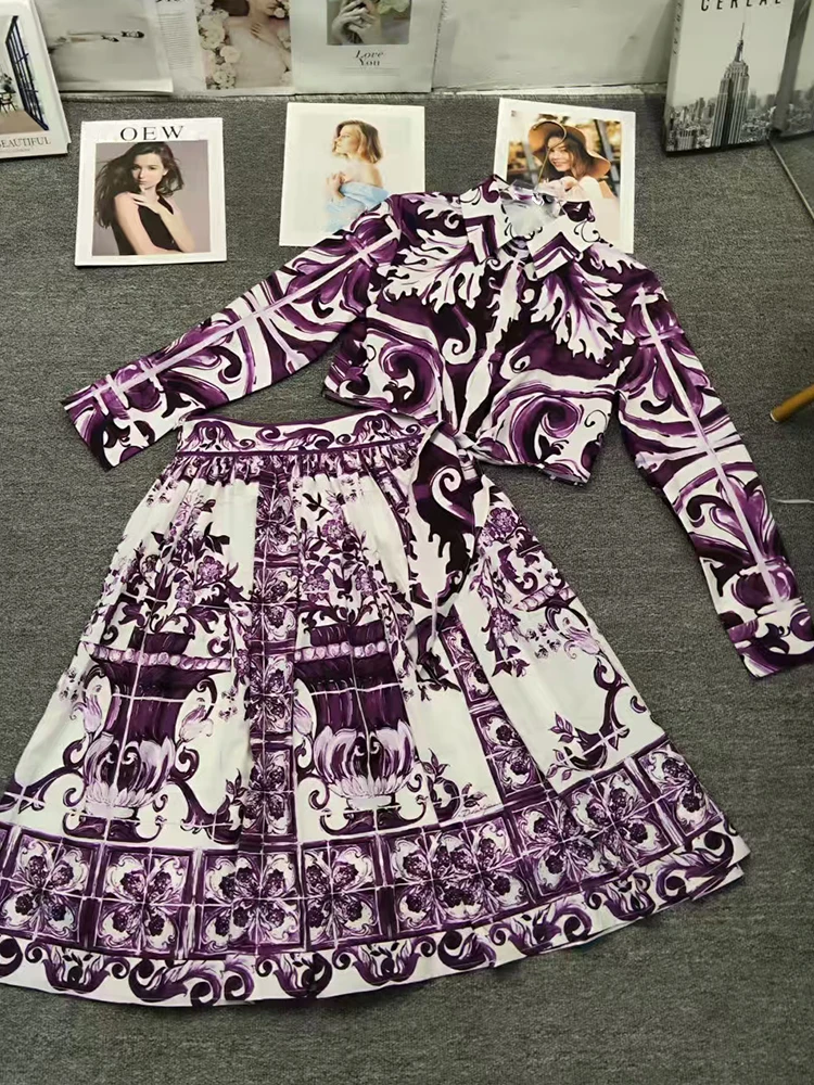 

2025 Autumn Women's Retro Geometric Printed Collar Short Strap Shirt Two Piece Set+High Waist Loose Half Skirt Fashion Set