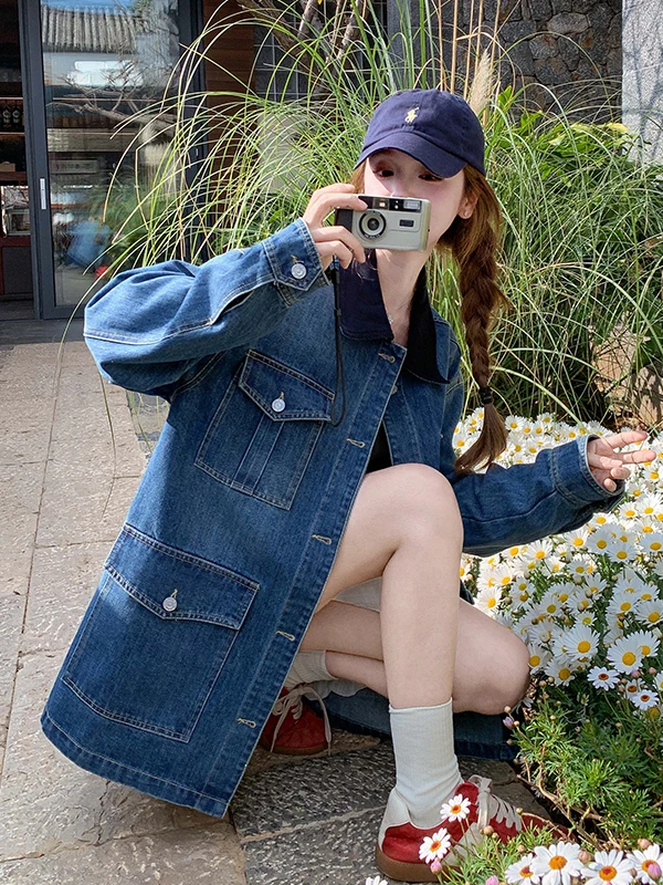 

Джинсовая куртка Color Blo Casual Sle ort для женщин, весна-осень, винтажный корейский стиль, повседневная, с эффектом стройности