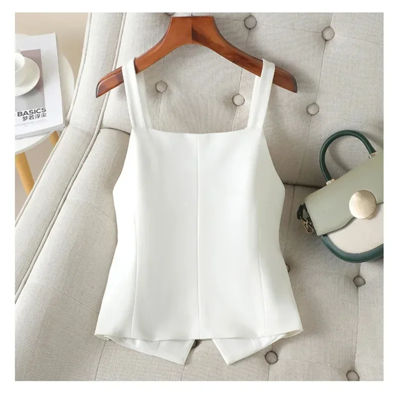 Korean 2024New Women's Blazer High End Casual Vest Waistcoat Female Commuting Slimming Collar Less Sleeveless Sling Short Jacket