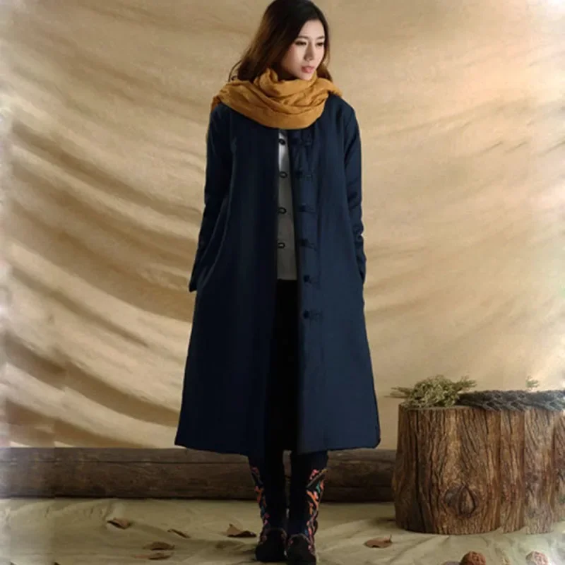 Męski i damski płaszcz z tekstury bawełny i lnu, długi zimowy płaszcz w stylu vintage, jednorzędowy, zapinany na guziki, luźny kombinezon, bawełniana kurtka.