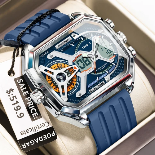 Imagen 1 del producto POEDAGAR, reloj de lujo para hombre con fecha y semana, reloj LED luminoso para hombre, correa de silicona, relojes electrónicos de cuarzo con doble horario a la moda para hombre