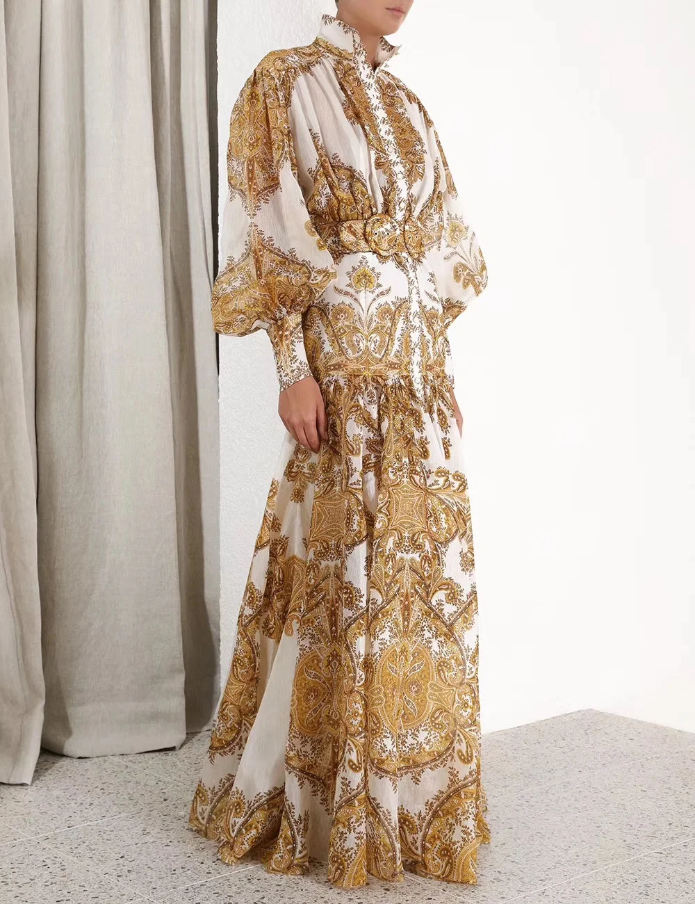 

Silk Linen Women Belted Full Sleeve 2025 Paisley Turtleneck Vintage High Quality Holiday Maxi Dress