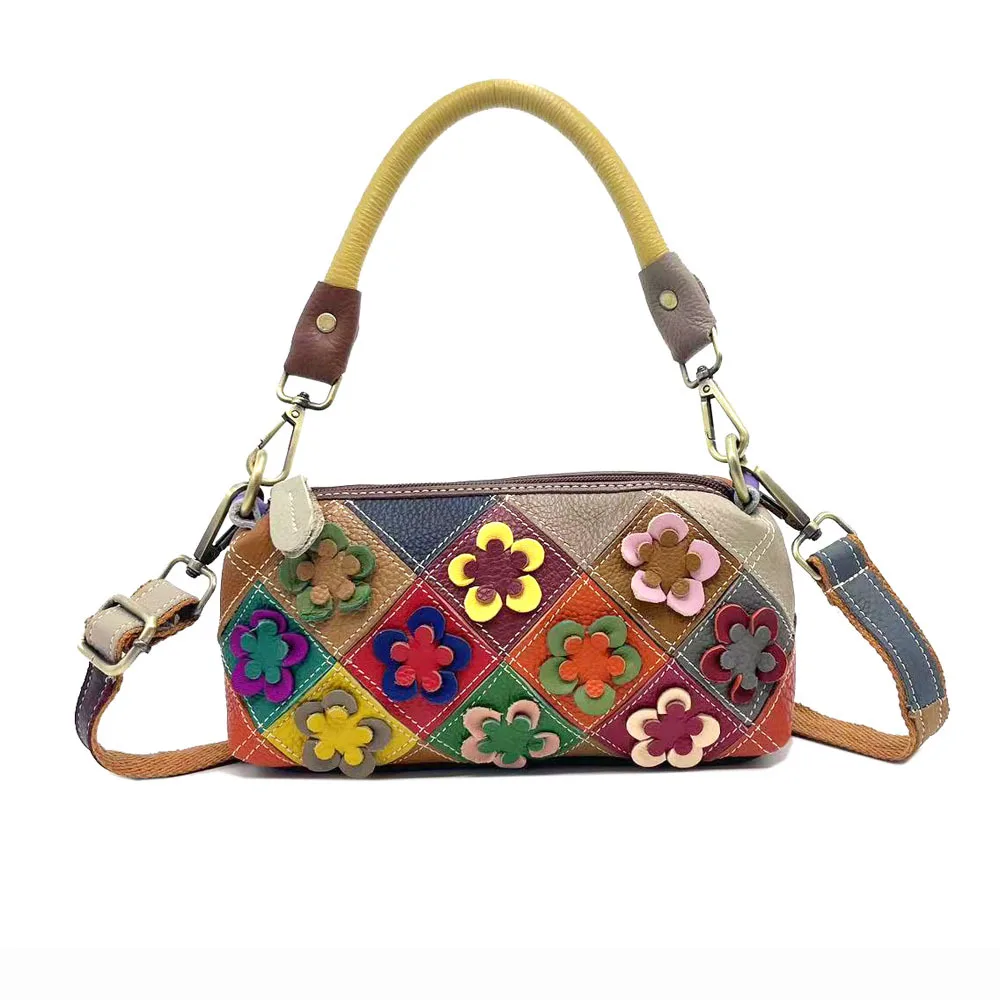 حقيبة يد نسائية مصنوعة يدويًا من الجلد الطبيعي مقسمة على شكل زهر البرقوق الملون حقيبة كتف عبر الجسم حقيبة تخزين بالجملة