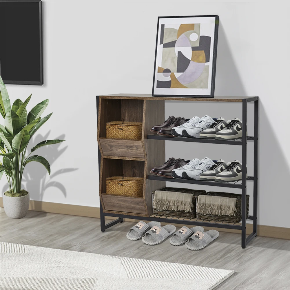 Modern Walnut 3 Tier Shoe Organizer Shelf with Slatted shelves Metal Frames