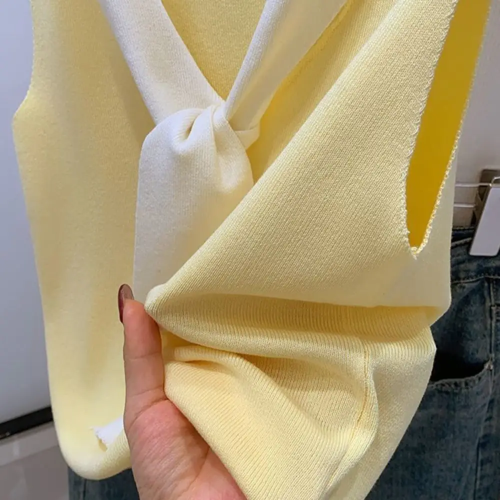 

Ins лоскутная футболка без рукавов вязаная простая летняя тонкая укороченная футболка на шнуровке пряный стиль для девочек женский жилет на шнуровке летний