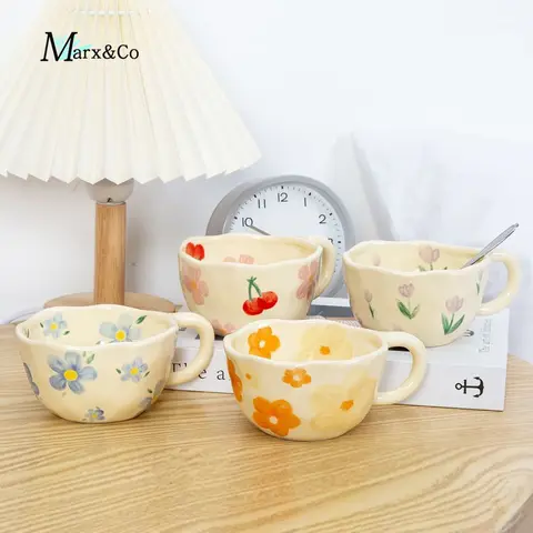 Ceramic Mugs Coffee Cups Hand Pinched Irregular Flower Milk Tea Cup Ins Korean Style Oatmeal Breakfast Mug Drinkware Kitchen