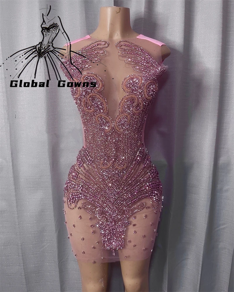 

Pink O N Short Prom Dresses Black Girls Bead Crystal Rhinestone 2024 Birthday Luxury Dress Graduation Gown Homecoming Customized