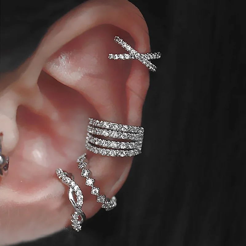 Chic 1PC Fake Piercing Chrząstka Klips do ucha Kolczyk dla kobiet Dainty Micro-set Cyrkonia Srebrny Kolor Kolczyk Biżuteria modowa KAE297