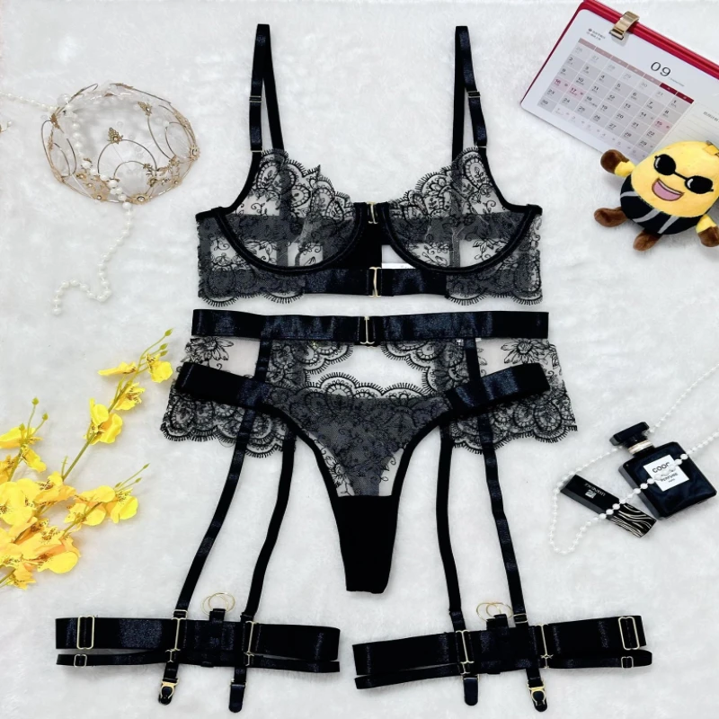 

Bikini Swimsuit Suit See-through Machine Embroidery Eyelash Lace Body Shaping Four-Piece Set with Steel Ring