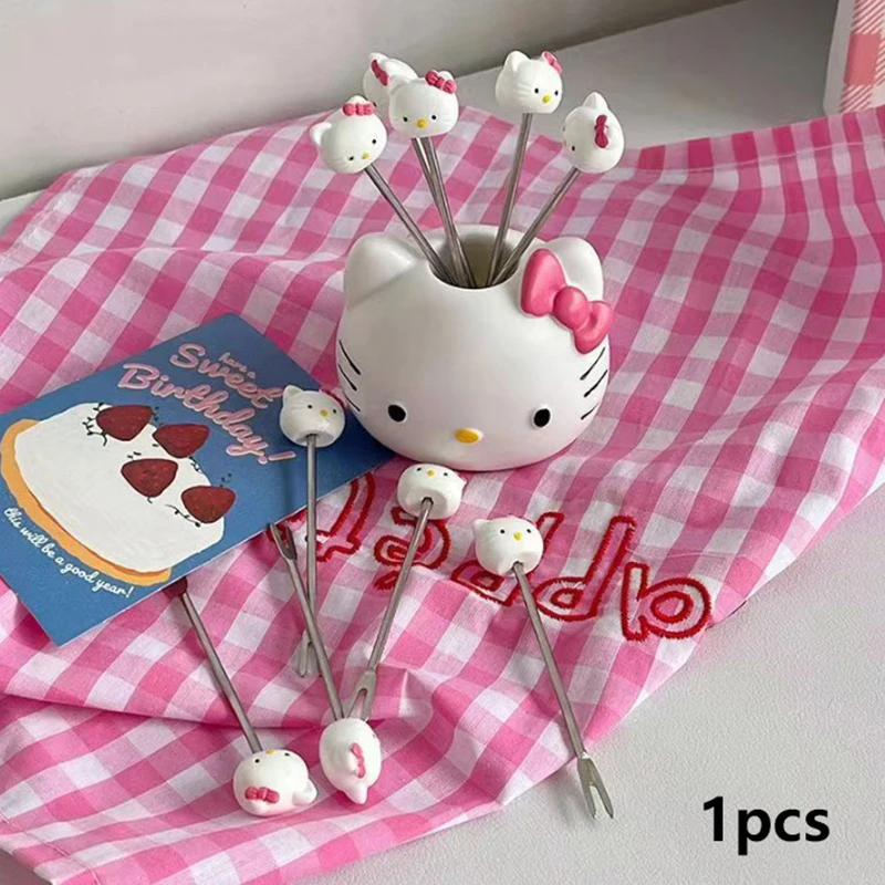 Cartoon Sanrio Hello Kittys Creative Fruit Fork Cute Anime KT Cat Stainless Steel Home Kitchen Cake Bento Fruit Tableware Gifts