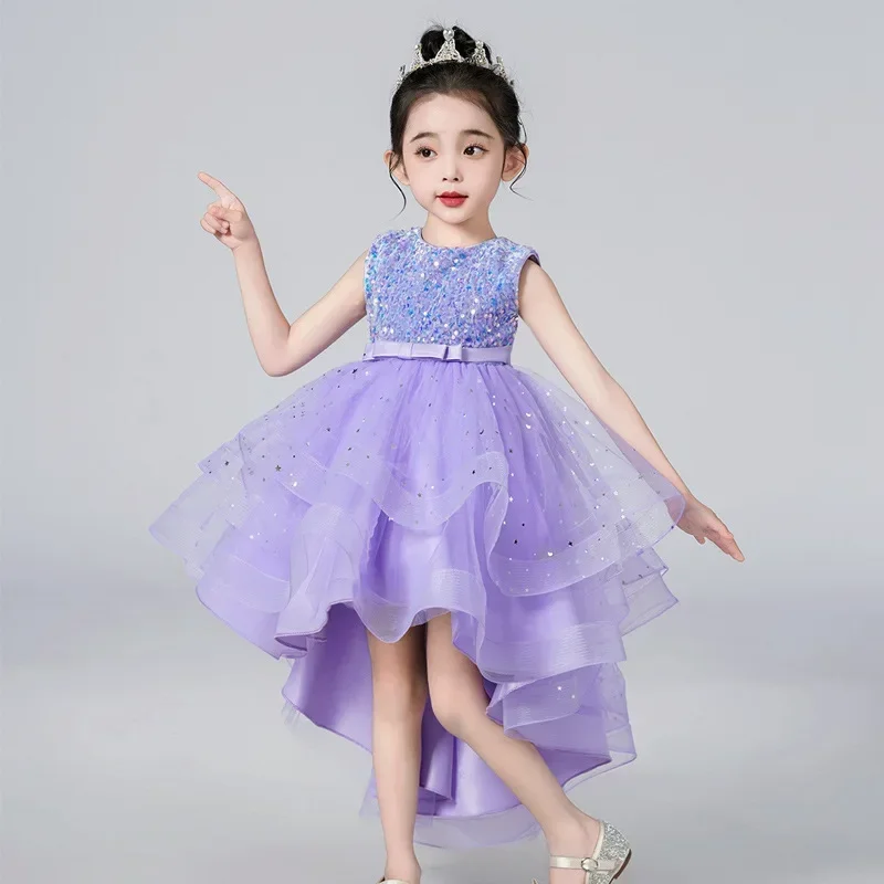 Dresses Kids 4 5 7 9 10 12 to 14 Years Old Youth Girl Prom Junina Party Children Luxury Evening Long Gown Sequin Lilac Clothes