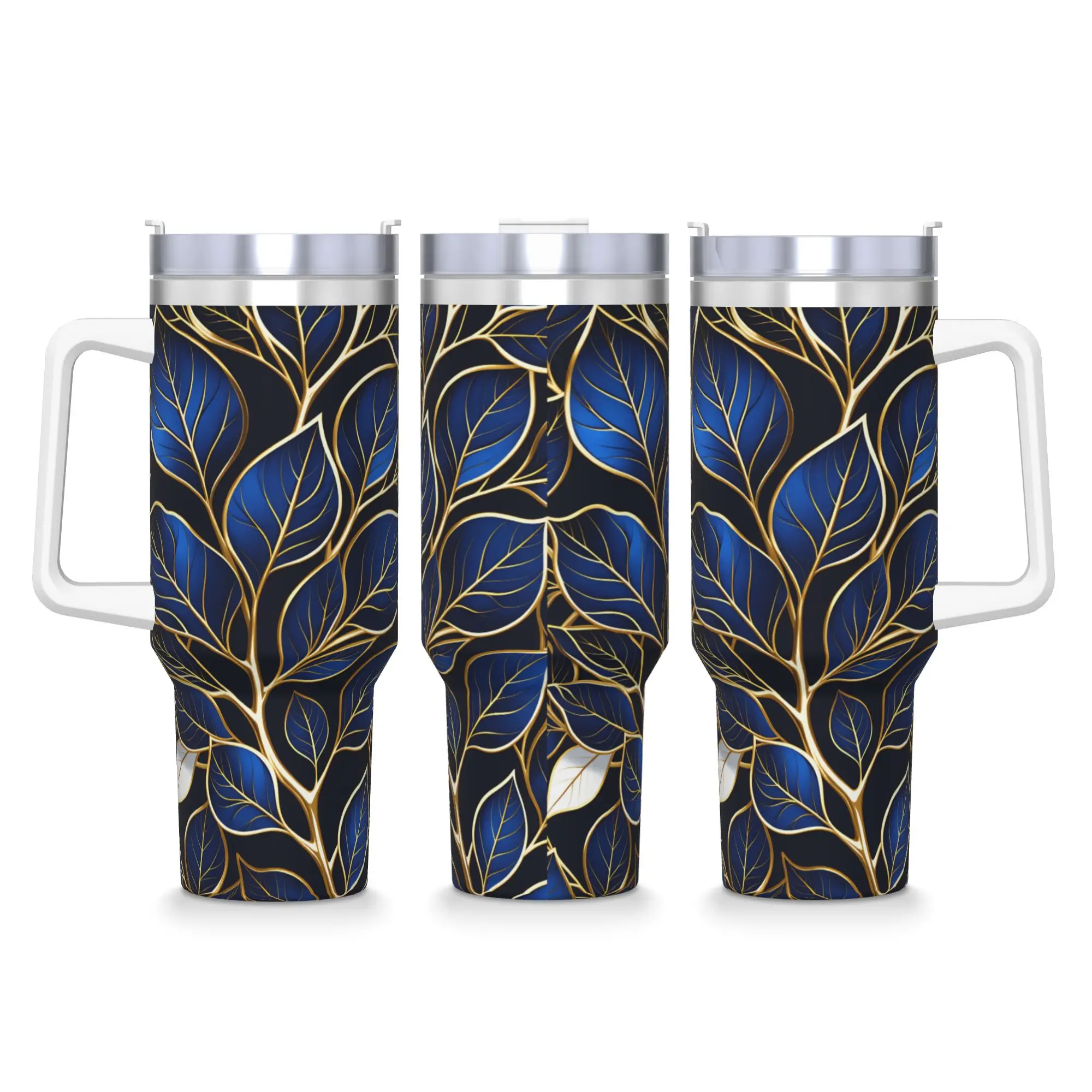 

Luxurious Golden blue Leaves Tumbler Cold Drink Water Bottle Portable Stainless Steel Coffee Mug Custom Driving Car Mugs