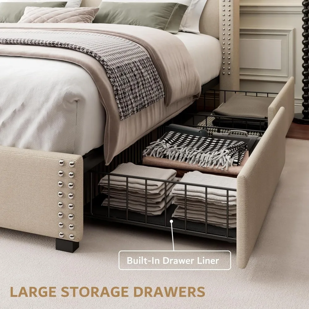 Queen Opbergbedframe Met 4 Laden, Gestoffeerd Bedframe Met Minimalistisch Vleugelhoofdeinde En Laadstation, Bedframes