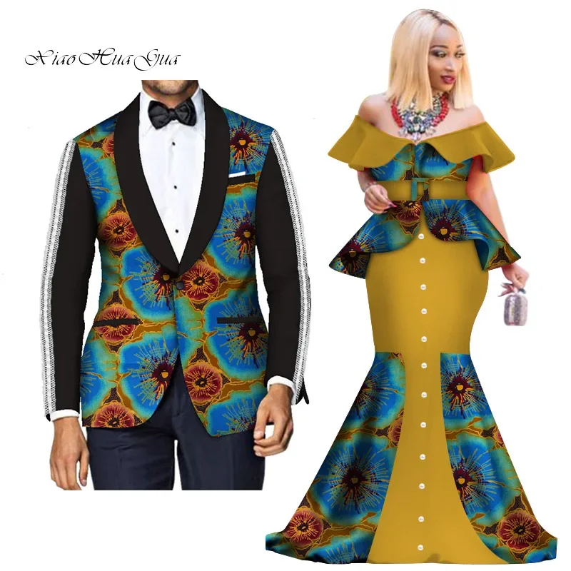 

Fashion Custom African Couple Wedding Clothing Dashiki Women Skirt & Men Blazer for Lovers African Traditional Clothing WYQ276