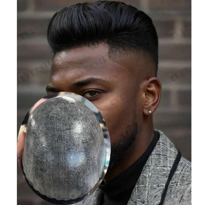 

Суперпрочный мужской силиконовый парик Afro Black Man из 100% натуральных человеческих волос с незаметной линией роста волос, неощутимый мужской парик с основой из ПУ 0,1 мм.