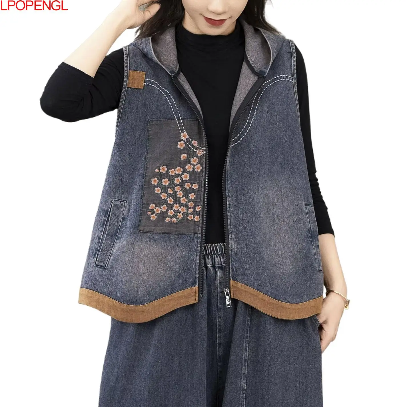 New Ethnic Style Woman Autumn Hooded Embroidery Loose Casual Sleeveless Denim Vest Literary Fashion Cardigan Zipper Outerwear