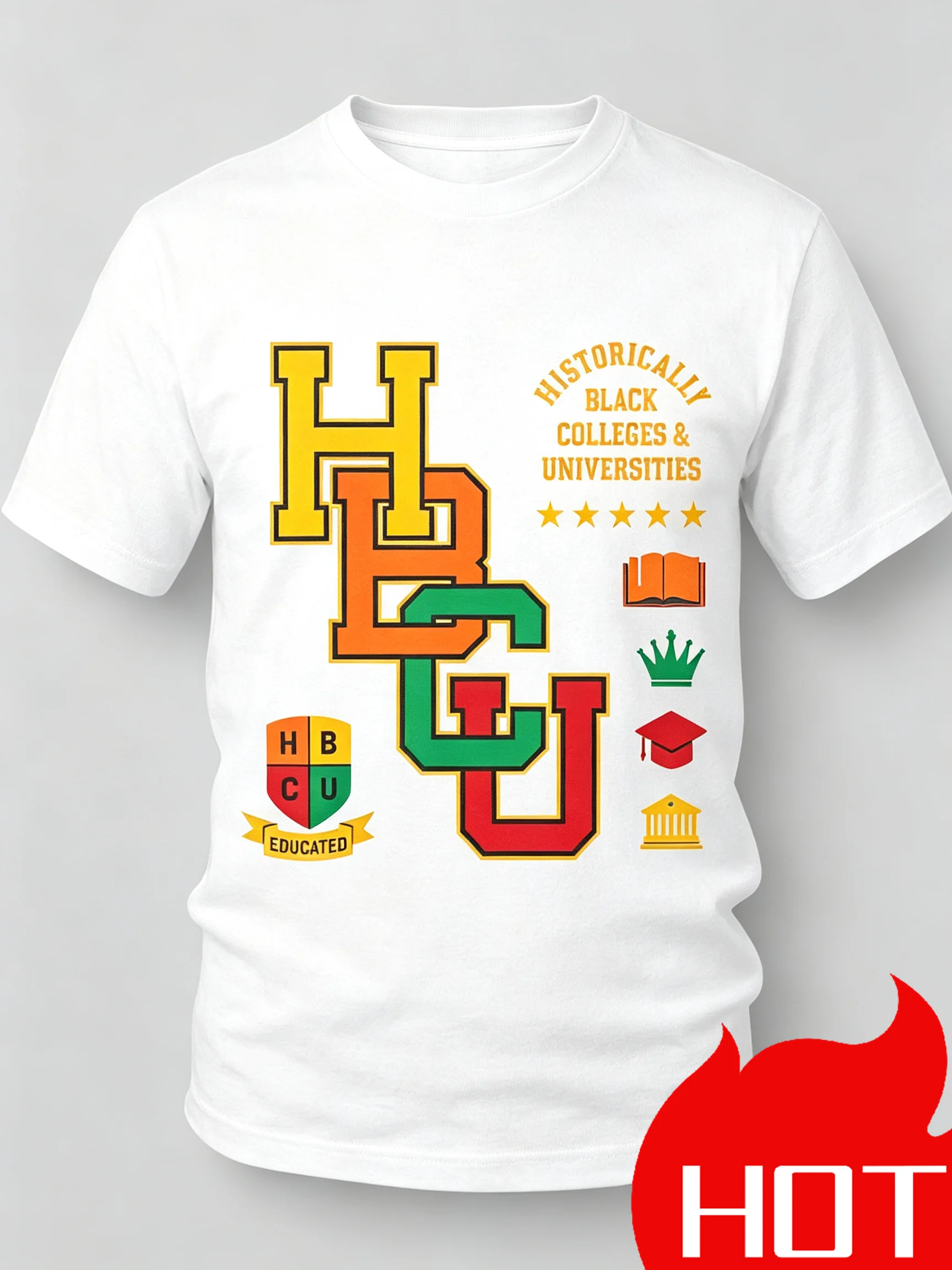 Men HBCU Letter Print T-Shirt, Summer Casual Round Neck Short Sleeve Streetwear Tee Hot Selling Thin Fashion Top
