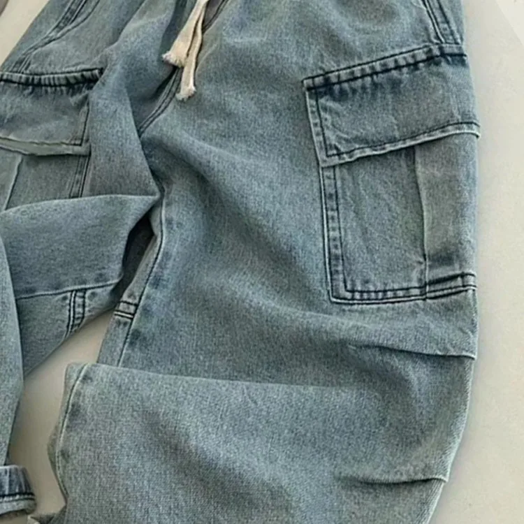 Spring Autumn Children Boy Denim Pants Cotton Drawstring Side Pocket Baby Boys Wide Leg Pants Solid Elastic Waist Kids Boy Jeans