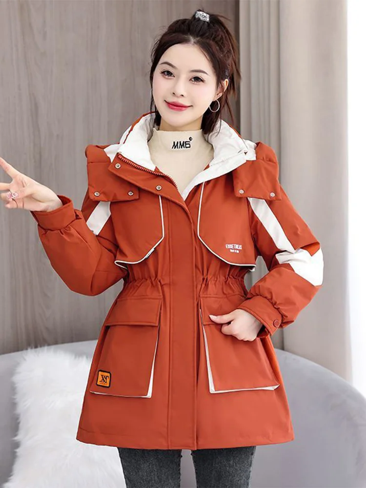 Women's Cotton Jacket Parka Winter New Style Color Block Mid-Length Slim Fit Hooded Coat Trendy Korean Version Zipper Closure