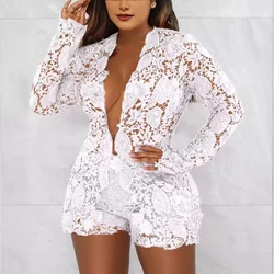 Fashion Women's Hollow Out Solid Color Shirt Long Sleeve Shorts Two-Piece Set Deep V Neck Sexy Summer Clothes Set