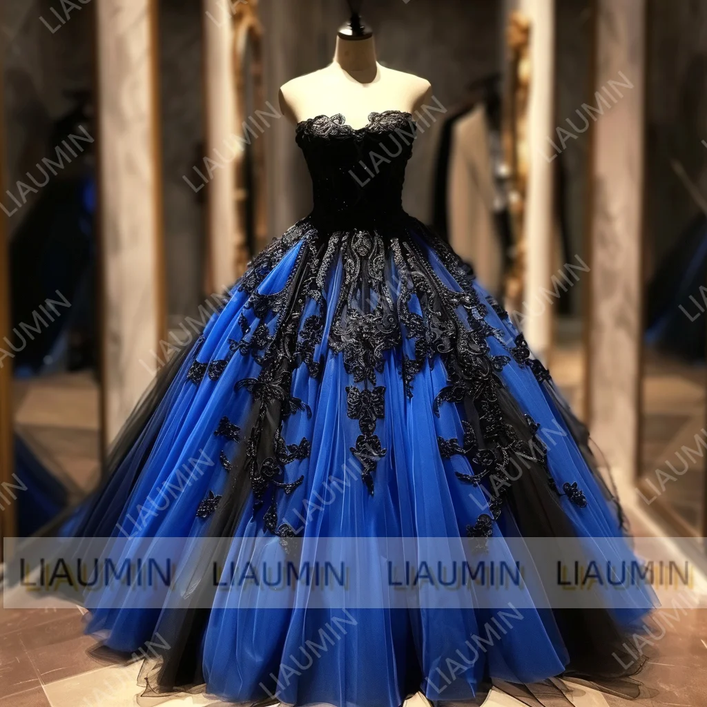 Hand Made Blue And Black Lace Applique Prom Dress Elegant Strapless Lace-up Evening Prom Stunning Dresses Customized W11-9