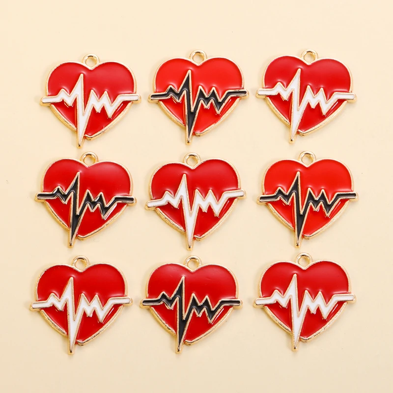 10Pcs Gold-plated Love Heart Charms Red Enamel Pendants for DIY Jewelry Earrings Bracelet Making Handmade Accessories Supplies